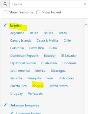 Example of parent language (Spanish) with the default region Spain and other child locales